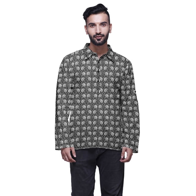 Atasi Kurta à Manches Longues pour Hommes, Coton Imprimé, Col Extensible à Écartement, Chemise Ethnique