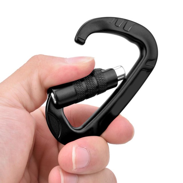 Fdit Swing Buckle, D Carabiner, 12KN 1 Pcs for Carabiner Clip in black aerospace aluminum alloy. Features a D-ring shape with an automatic locking mechanism, ideal for hammocks, swings, yoga, and hiking equipment. Lightweight and durable with high strength, measuring approximately 8x4.6cm.