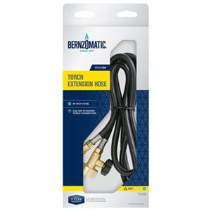 Torch Extension Hose Kit - WHO159 by Bernzomatic, featuring a 59-inch fiber-reinforced hose for enhanced mobility and reduced fatigue during torch use. The hose is compatible with the Bernzomatic family of torches, utilizing a CGA 600 standard connection. Includes a brass construction for durability and a belt hook to securely fasten the cylinder to a belt loop. Packaged in a branded box with product details visible.