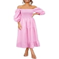 thumbnail image 2 of Femmes Été Robe Bohème Adultes Off-Épaule Smocked Puff Manches Plaid une Seule Pièce, 2 of 7