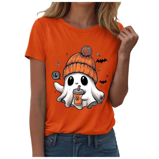 T-shirt Graphique à Manches Courtes d'Halloween pour Femmes Col Rond Décontracté pour Tenue de Fête d'Été avec Jeans