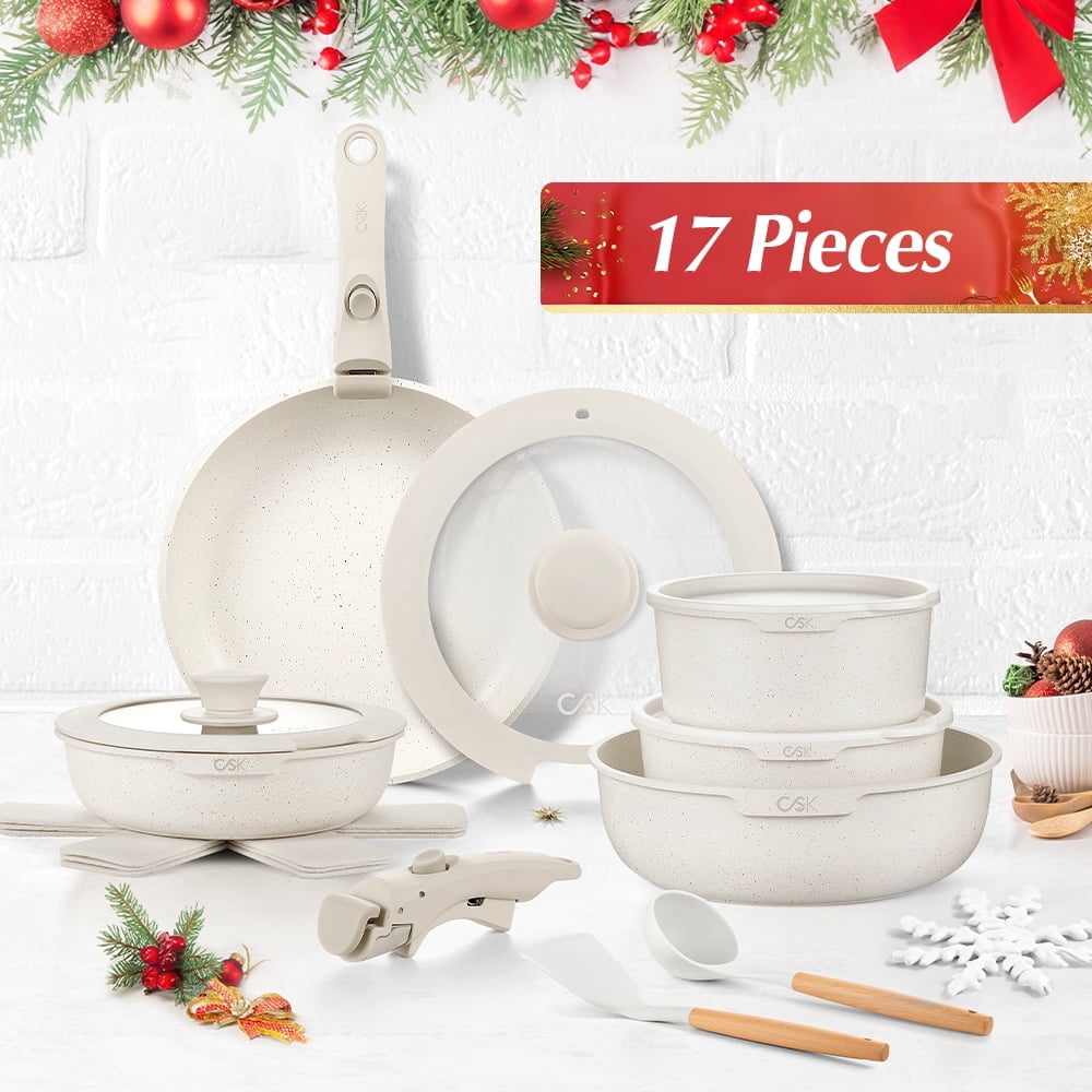 Refurbished Koch Systeme CS 99169 Cookware Set, 17-Piece Nonstick, Removable Handle, Induction Compatible, Cream White