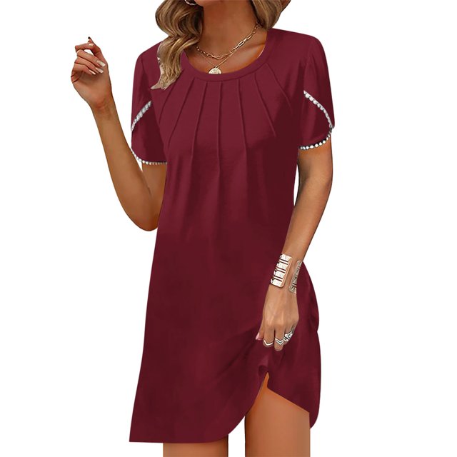 Gspmoly Robes Grande Taille pour Femmes aux Formes, Nouvelle Robe d'Été Décontractée pour Femmes à Col Rond, Couleur Unie, Ample, Plissée à la Poitrine, à Manches Courtes, Robe de Soirée pour Femmes jusqu'à 70 % de Rabais