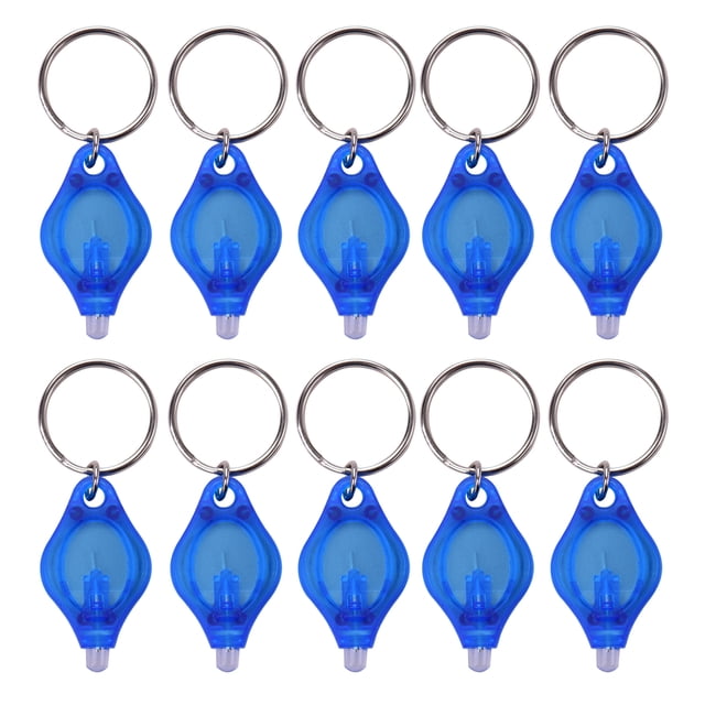 TFixol 10 Pcs Mini Portable LED Light Flashlight Keychain featuring ultra-bright illumination and a compact design. Each keychain light is blue with a plastic shell, weighs 7g, and measures 4.1 x 2.4 x 0.8 cm. Powered by two CR2016 lithium batteries, these lights offer two operation modes: ON/OFF switch or squeeze button. Ideal for emergency use, camping, or as key pendants and promotional gifts. The package includes 10 keychain lights.