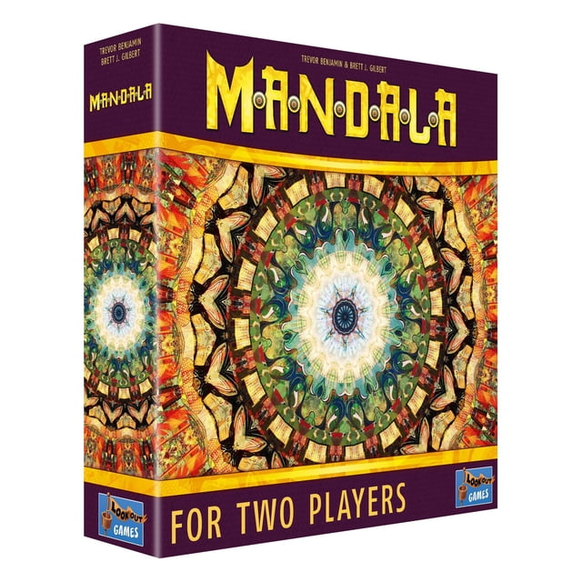 Boîte de Jeu de Cartes Stratégique pour Deux Joueurs avec un Motif de MANDALA Circulaire Détaillé et Coloré avec des Tons Vert, Bleu, Jaune et Rouge sur Fond Violet, Marquée par Lookout Games et Conçue pour Deux Joueurs.
