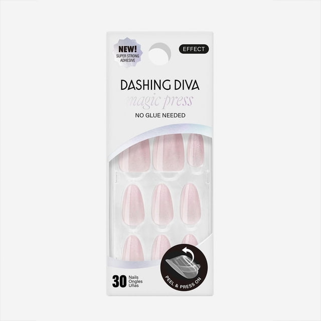 DASHING DIVA - MAGIC PRESS - PRETTY THING press-on gel nails in medium length almond shape with white-to-pink ombré and iridescent glitter finish, featuring new super strong adhesive for up to 10 days wear, no glue needed, 30 nails per pack, ideal for easy, durable nail enhancement.