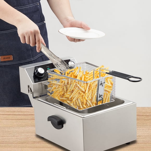 Friteuse Électrique de 1800 W, Réservoir d'Huile en Acier Inoxydable de 10 L, Panier Simple et Couvercle, Température Réglable et Minuterie de 60 Min, Tête de Friteuse Rotative à Rétrofriction, Nettoyage Facile, 120 V – avec Minuterie, à Rétrofriction