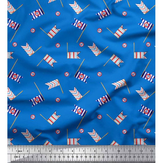 Soimoi Blue Poly Georgette Fabric Anchor Hook & Small Country Flag Print Sewing Fabric Yard 52 Inch Wide