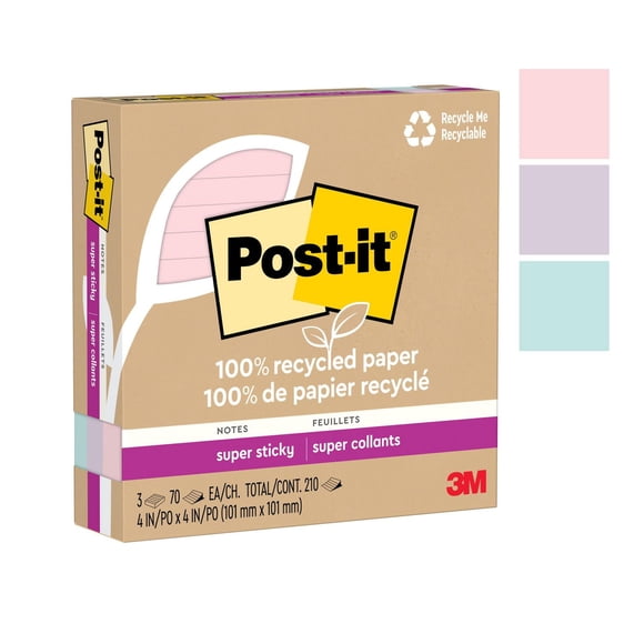 Feuillets super collants 675R-3SSNRP Post-it® entièrement faits de papier recyclé, collection La vie en pastel, lignés, 4 po x 4 po, 3 blocs/paquet, 70 feuillets/bloc
