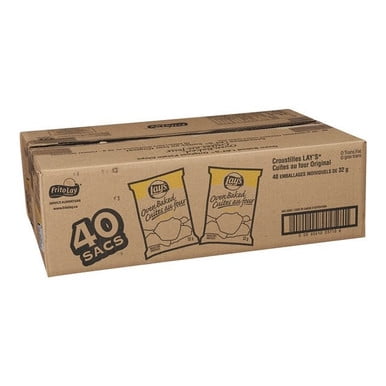 Lay's Oven Baked Potato Chips, Original Flavor, 32 g (1.1 oz) Single-Serve Bags, 40-Count Bulk Vending Case. The image shows a corrugated box with Lay's branding, containing 40 single-serve bags of oven-baked chips. These chips are light, crispy, and have 65% less fat than regular chips, making them ideal for vending machines, office breakrooms, and school cafeterias.