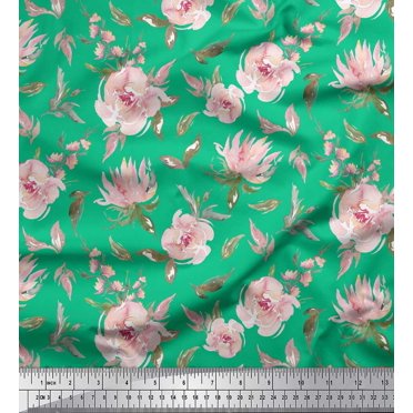 Soimoi Green polyester Crepe Fabric Flower & Leaves Watercolor Print Fabric by the Yard 42 Inch Wide