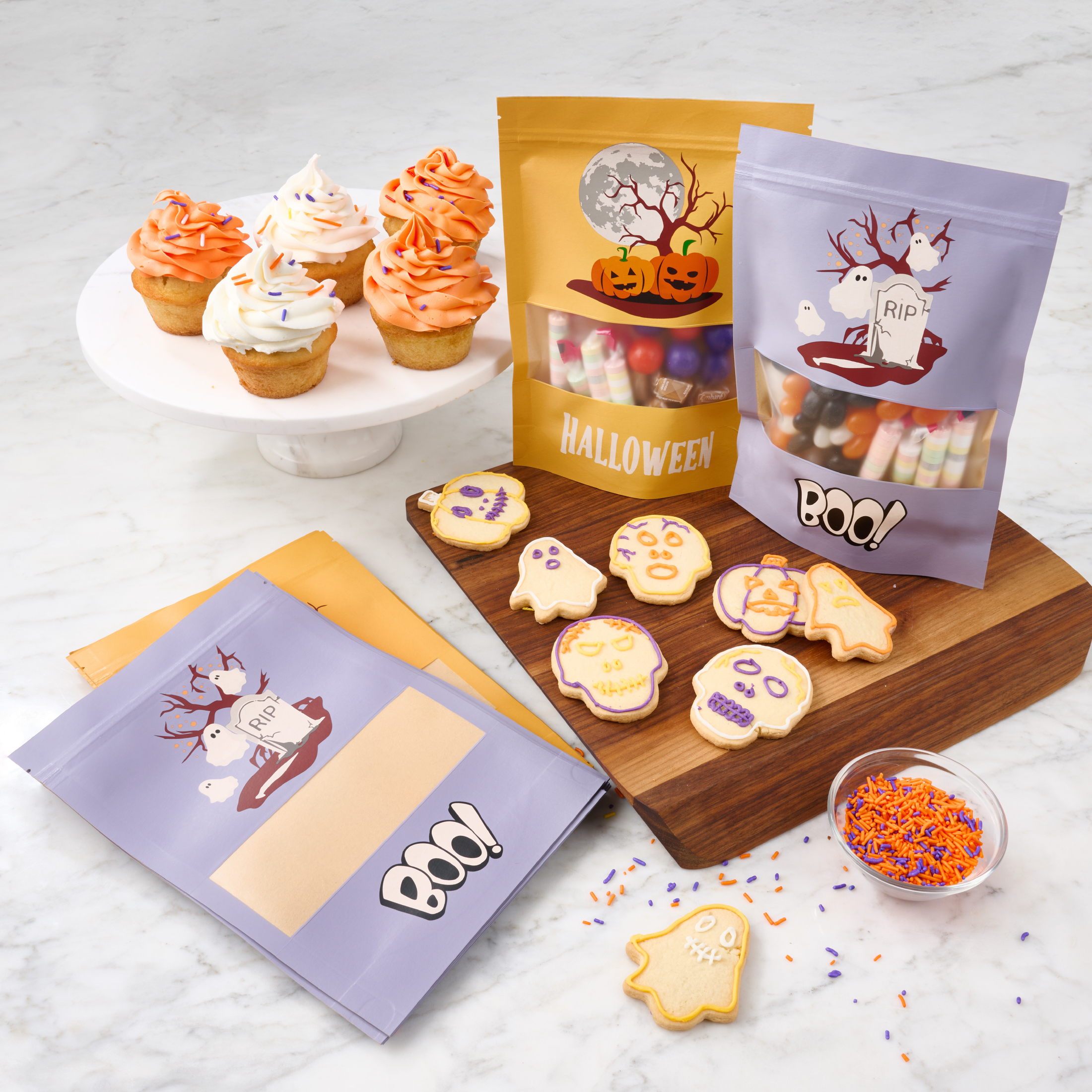 Ensemble de 20 sacs en papier kraft Tout-pour-Célébrer – Décors d’Halloween, orange et mauve