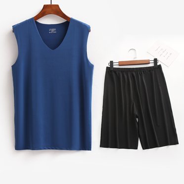 Weiqiqre Men's Thin Tank Tops Summer Sleeveless Bodybuilding Vest V-Neck Comfort Psjamas Shirts and Shorts Set
