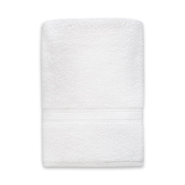 Mainstays Basics Serviette de Bain Unie Blanche, Pliée avec texture visible en Éponge de Coton et Détail de Bande Tissée, Mesurant 27 par 52 Pouces, Fabriquée en 100 % Coton pour la Douceur et l'Absorption, Convient à l'Usage Quotidien dans la Salle de Bain et Est Souvent Utilisée comme Serviette de gym Ou de spa.