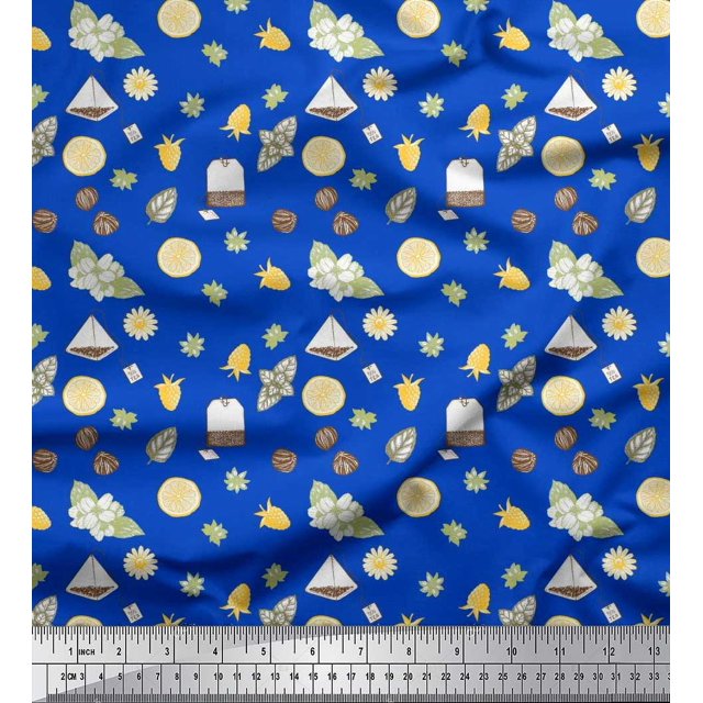 Soimoi Blue Rayon Fabric Tea Bag,Star Anise & Lemon Slice Vegetable Printed Craft Fabric by the Yard 56 Inch Wide