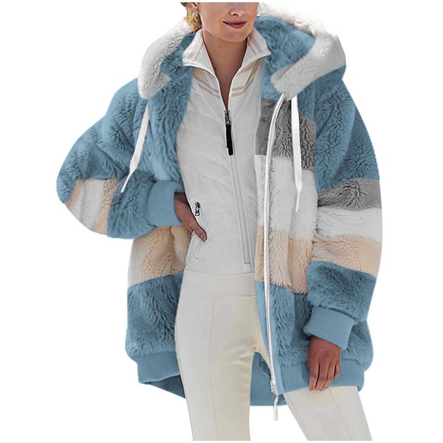 FAIWAD Women's Full Zip Fuzzy Fleece Hooded Coat Color Block Drawstring Fall Winter Warm Coat with Pockets