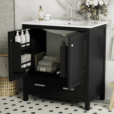 Meuble-Lavabo de Salle de Bain 30 Pouces avec Lavabo Simple, Armoire Combinée Encastrée Armoire de Rangement Multifonctionnelle Fermeture en Douceur, Cadre en Bois Massif