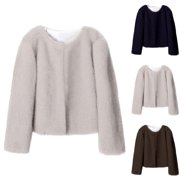 Lekwk Womens Faux Fur Coats Cold Weather Keep Warm Furry Jackets Button Round Neck Fluffy Outerwear Shaggy Parka Coat Fall Winter Fashion Thermal Jacket