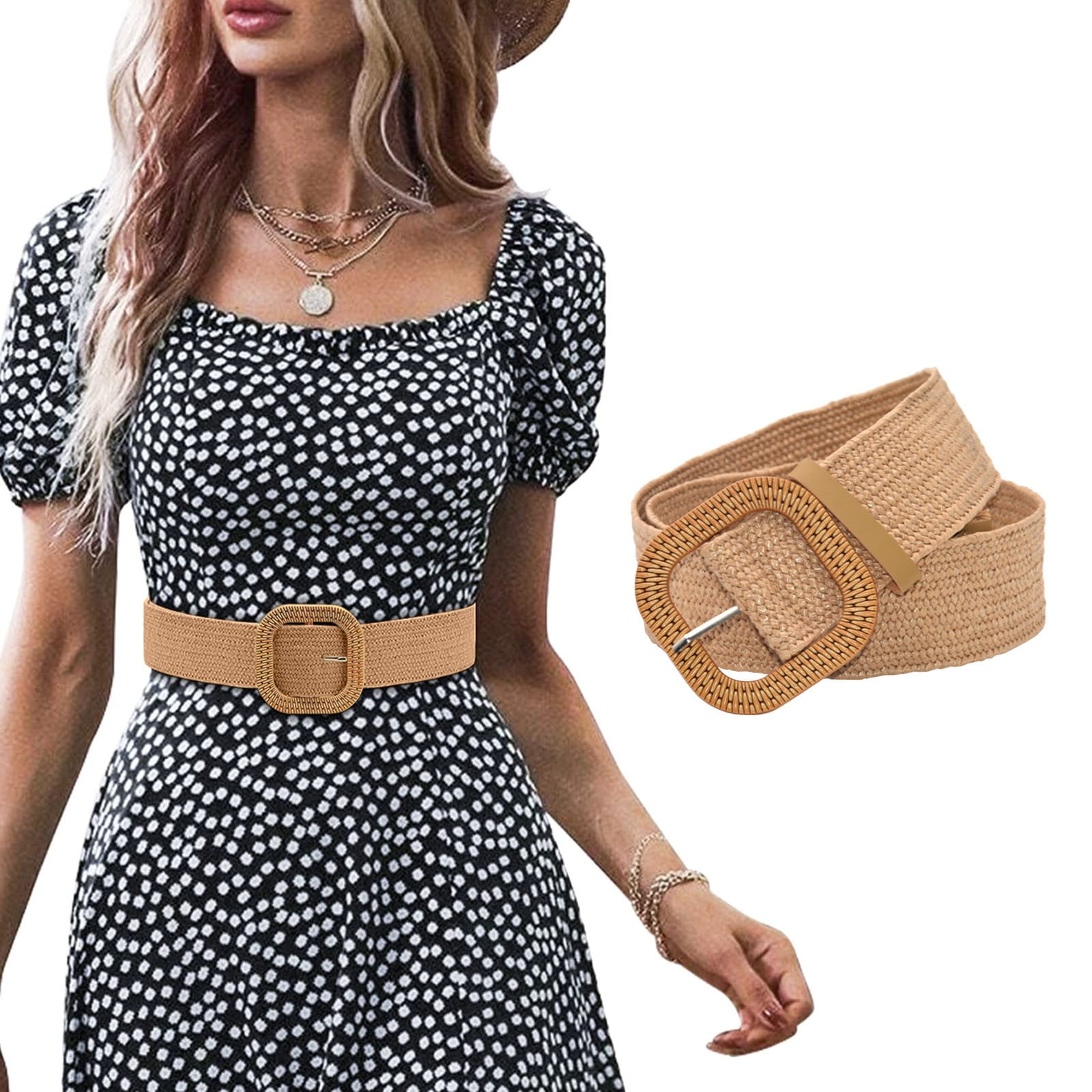 casual belts for dresses Women Belt Straw Woven Elastic Stretch Wide Waist With Buckle Belt Quick Release Epoch Belt Men Belt Dress Leather Belt Mens Dress Leather Items for Men Mens Belts Leather Leopard Print Button Detail Corset belt swatch:midnight-rain Style:D1072B036