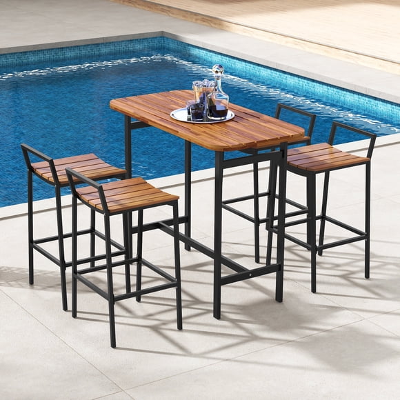 Costway Ensemble de 5 Pcs en Bois d'Acacia pour Bar, Table de Bar d'Extérieur et Chaises avec Cadre en Métal