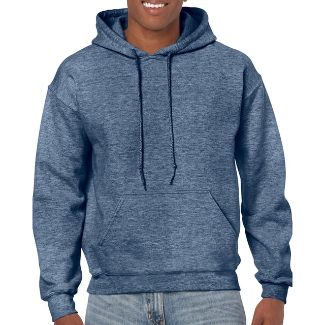 Gildan Mens Heavy Blend Hooded Sweatshirt in XL size, Heather Sport Dark Navy colour. This men's hoodie features a double-lined hood, matching drawcord, pouch pocket, and 1x1 ribbed cuffs and waistband with spandex. Made from 50% cotton and 50% polyester with pill-resistant air jet yarn and double-needle stitching throughout.