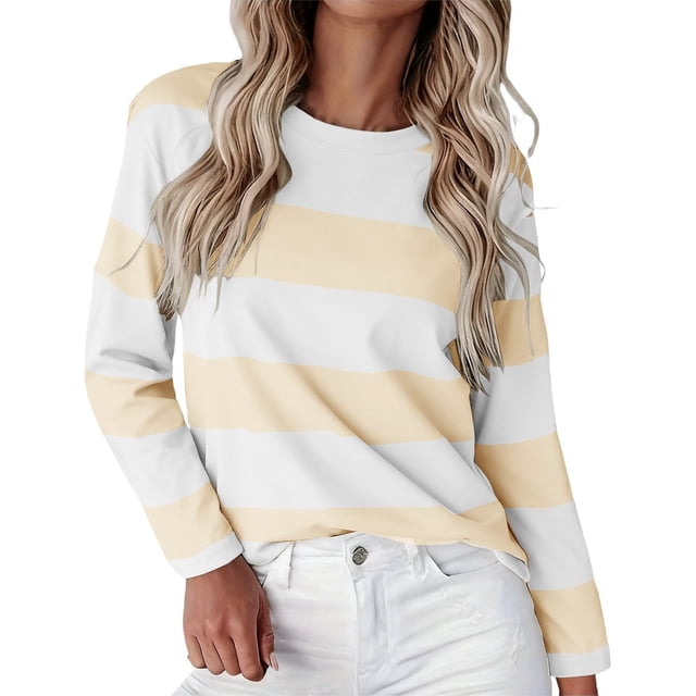 ManxiVoo T-Shirt à Manches Longues à Rayures Imprimées pour Femme, Col Rond, Confortable, T-Shirt Graphique d'Automne, Blouse Légère, Taille TTG, Beige