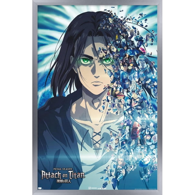 Attack on Titan : The Final Season - Affiche Murale de Fragments Mettant en Vedette un Personnage d'Anime Centré aux Longs Cheveux Foncés Portant une Veste Foncée et une Chemise Lacée Légère, le Côté Droit Se Dissolvant en de Petits Éclats Montrant Divers Personnages de Série, sur un Fond Bleu et Blanc Radieux, Imprimée sur Papier d'Affiche Lustré de 14,725 par 22,375 Pouces, Idéale pour la Déco de la Maison Ou du Dortoir.