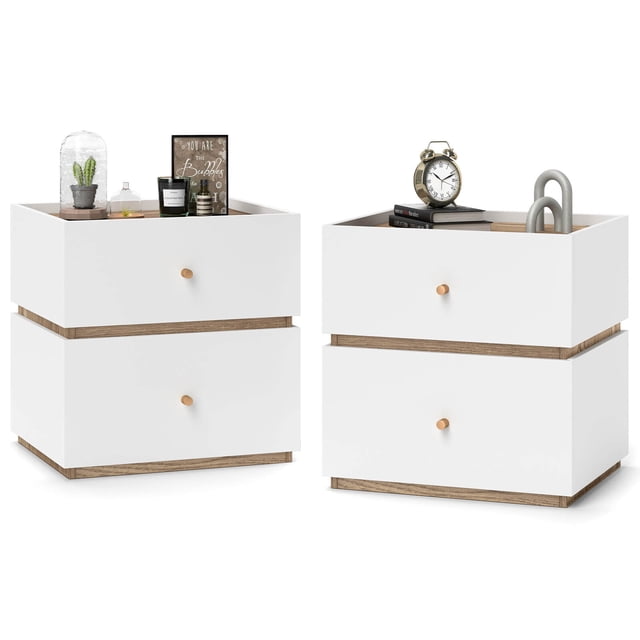 Costway Table de Chevet Moderne à 2 Tiroirs, 2 Pcs, avec Rangement et Rebord Surélevé, Conçue avec une base en Bois Naturel et une Finition Blanche. Chaque Table de Chevet Présente Deux Tiroirs avec Glissières Métalliques Fluides et Poignées Rondes pour un Accès Facile. le Rebord Surélevé sur le Dessus de Table Sécurise des Articles comme des Lampes, des Livres Ou des Décorations. Ses dimensions Compactes de 18 x 15,5 x 18 Pouces en Font une Table Idéale pour les solutions de Rangement de Meubles de Chambre Modernes Ou de Salon.