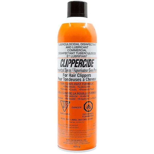 Clippercide Spray For Hair Clippers, a tuberculocidal disinfectant and lubricant in a bright orange aerosol can with black and white labeling. Ideal for barbers, hair stylists, veterinarians, and pet groomers, it kills bacteria, viruses, and fungus, including HIV-1, while reducing friction and preventing rust on clipper blades. This hair spray disinfectant cleans, cools, and disinfects in 10 minutes, eliminating dirt and grime.
