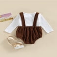 thumbnail image 4 of Baby 2PCS Spring Romper Suit  Long Sleeve Plain Ribbed Crew Tops+ Buckle Shoulder Straps Snap Triangle Suspender Romper, 4 of 7