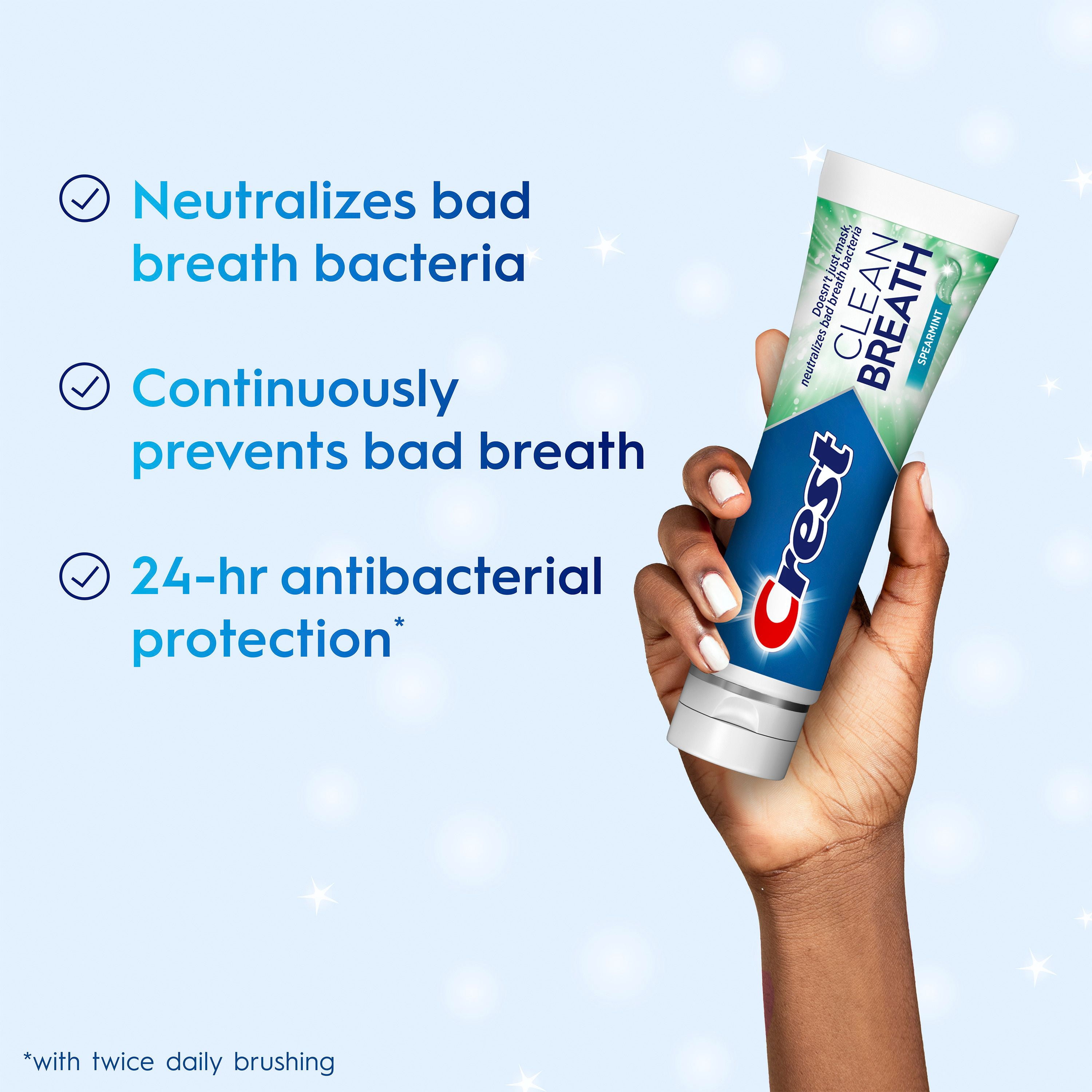 Dentifrice Crest Haleine propre Menthe verte 100 mL : neutralise la mauvaise haleine, protège contre les bactéries, combat la carie, rafraîchit l’haleine, blanchit en douceur