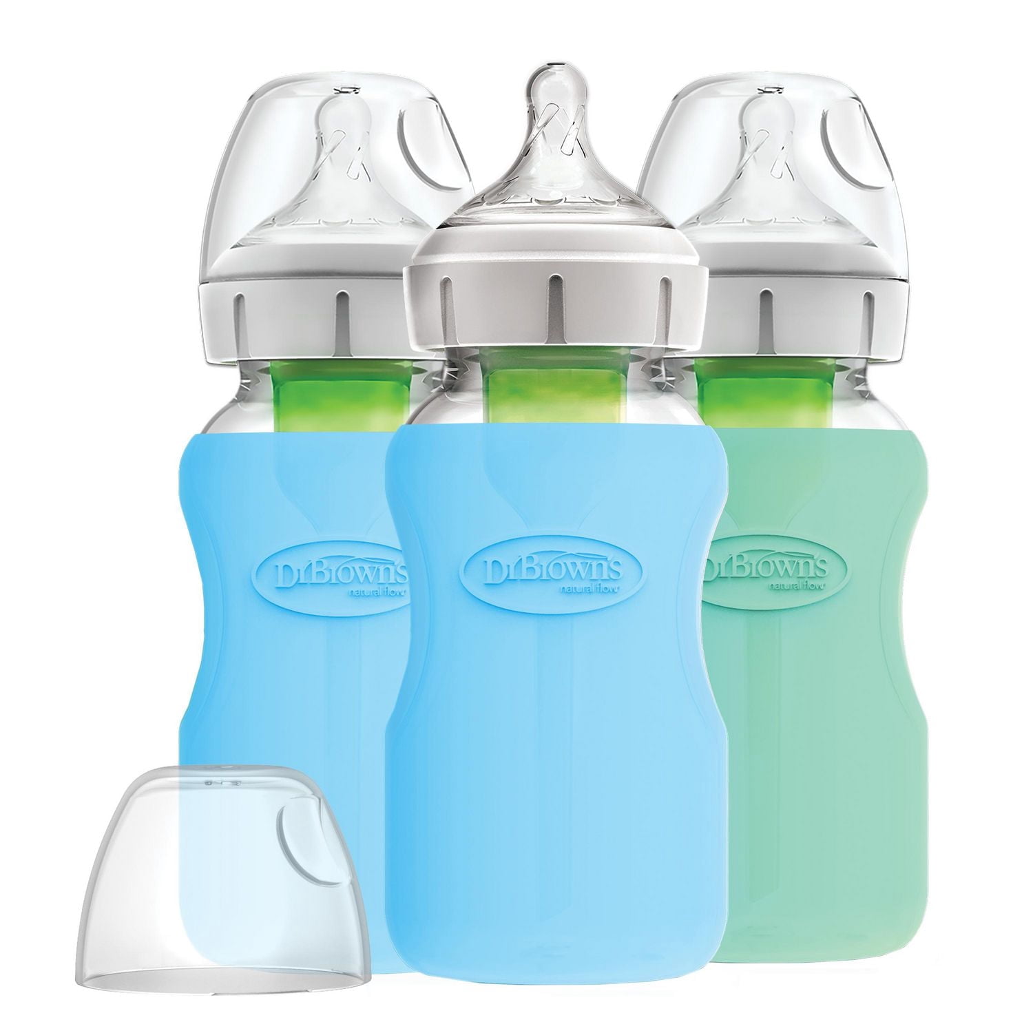 Dr. Brown's Options+ Anti-Colic Wide-Neck Glass Baby Bottles with Silicone Sleeves - Blue and Mint Green