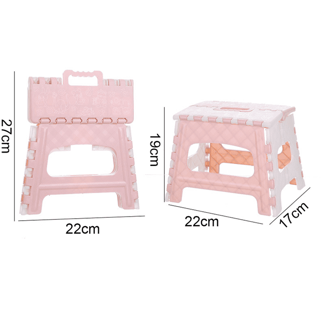 Superior Folding Step Stool by Lojalitet, featuring a compact, collapsible design in a pink and white finish. The stool measures 27 cm in height when unfolded and 19 cm when folded, with a base width of 22 cm and depth of 17 cm. It includes an anti-skid top, rubber feet for stability, and rounded corners for safety. Ideal for reaching high cabinets, cleaning, or as a seat for activities like painting or eating. Lightweight and portable with a built-in handle for easy carrying.