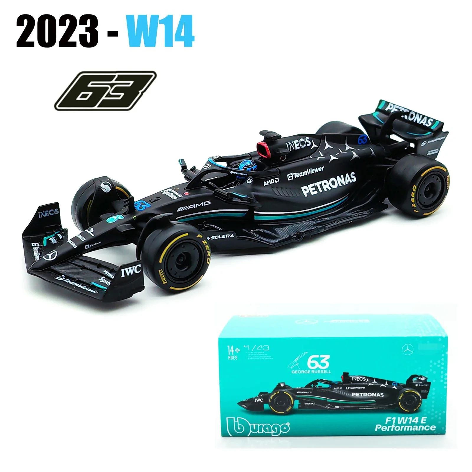 Bburago 1:24 Mercedes AMG 2023 W14 E Performance #44 Statique Simulation Moulé sous Pression Alliage Modèle F1 Course Formule Voiture Boîte Acrylique