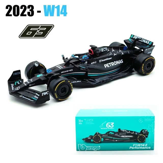 Bburago 1:24 Mercedes AMG 2023 W14 E Performance #44 simulation Statique Modèle en Alliage Moulé sous Pression Voiture de Formule 1 de Course dans une Boîte en Acrylique. Cette Voiture Jouet Présente une Carrosserie en Métal Moulé sous Pression Noire avec des Pièces en Plastique, des logos Détaillés de sponsor et des accents de Pneus Jaunes. Idéale pour les Collectionneurs Ou comme Véhicule de Jeu pour les Passionnés.