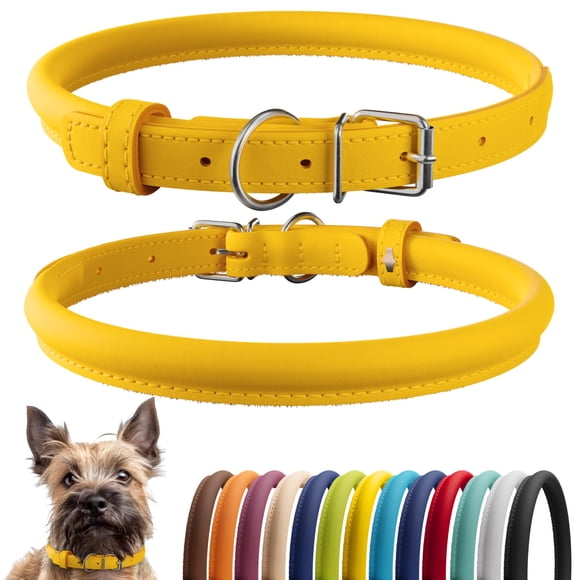 CollarDirect Collier pour Chien en Cuir Roulé, Doux et Rembourré, Collier Rond pour Chiot, Collier Fait à la Main en Cuir Véritable, Collier pour Chien Petit Grand Chat, 13 Couleurs (6 Pouces Jaune Lisse)