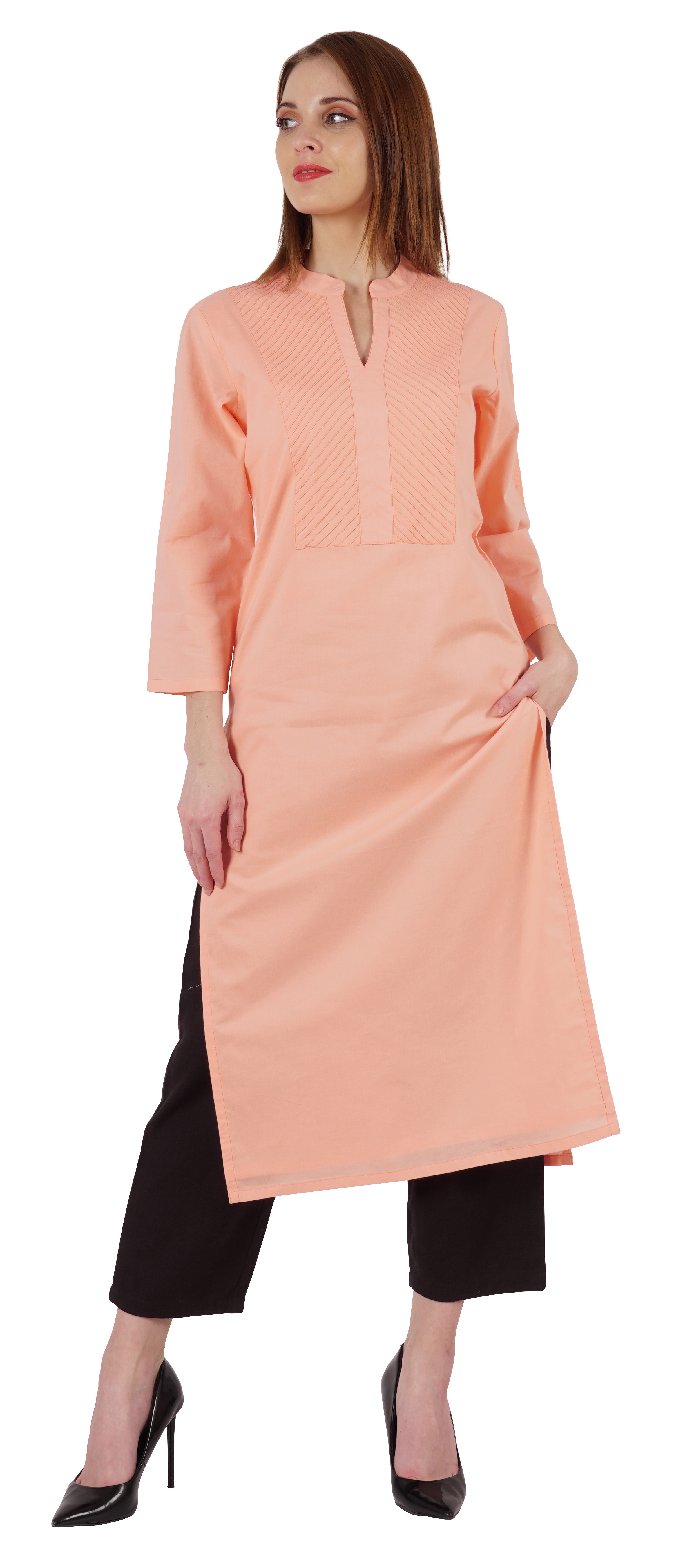 Bimba Kurta Droite Unie Ethnique Indienne pour Femmes à Col Mandarin avec Encolure Plissée en Coton