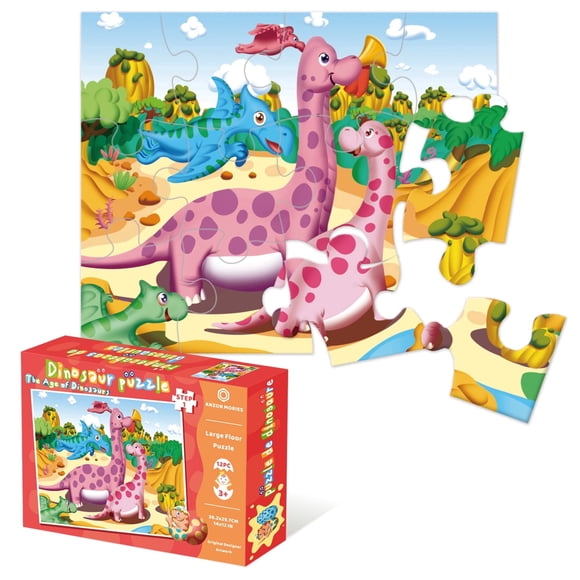 12 Pcs Dinosaur Floor Puzzle, Level 1 Giant Jigsaw Puzzle for Kids 3, 4, 5 Year Old, 2.5mm Extra Thickness Chunky Pieces, Large Size:14.25x11.7 In