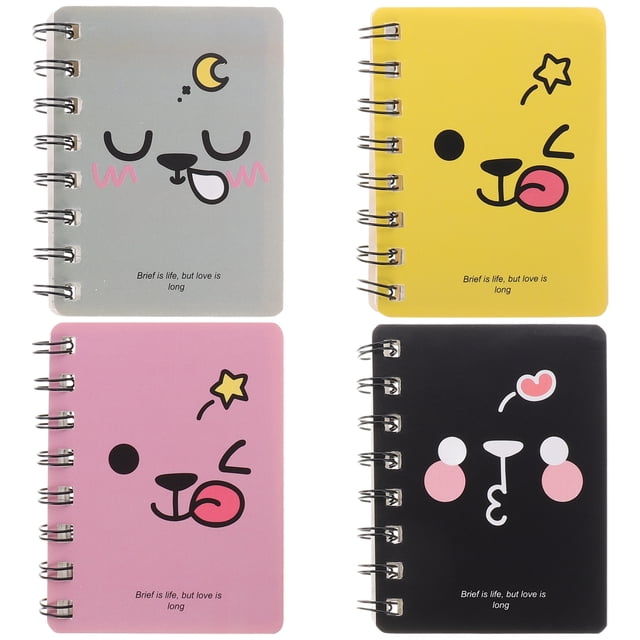 Miangastore 4 Pcs Mini Carnet Dessin Animé Mini Carnet Journal Carnet Portable Bloc-Notes de Poche Journal de Voyage Carnet (Rose + Jaune + Gris + Noir)