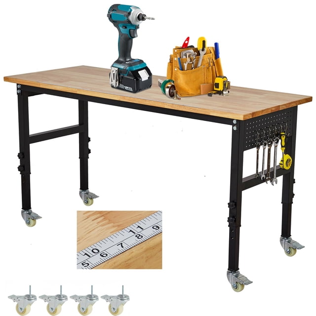 Kojooin Établi Réglable de 48 Pouces, Banc de Travail Polyvalent à Roulettes Robuste avec Roues et Panneau Perforé, Capacité de Charge de 2200 Lb, Hauteur Réglable de 29 Pouces-40 Pouces pour Atelier, Bureau, Garage, Maison