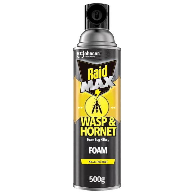Raid Max Wasp and Hornet Insect Killer Spray, 500g black and yellow aerosol can with foam formula for outdoor pest control, kills wasp and hornet nests on contact, features a black spray nozzle and SC Johnson branding.