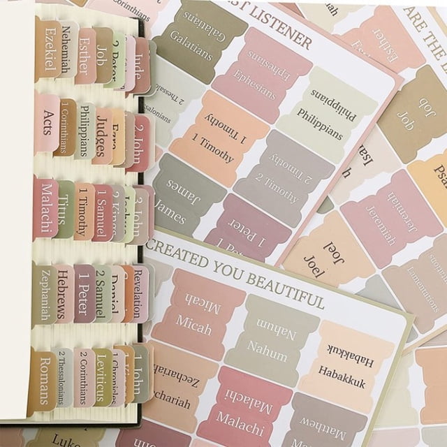 Bible Guidance Tabs | Multicolor Book Name Tabs & Customizable Blank Labels | Enhanced Bible Navigation Tool – Easy Adhesive, Removable, Durable Paper | 6 Sheets | 20x4cm | Study Organization