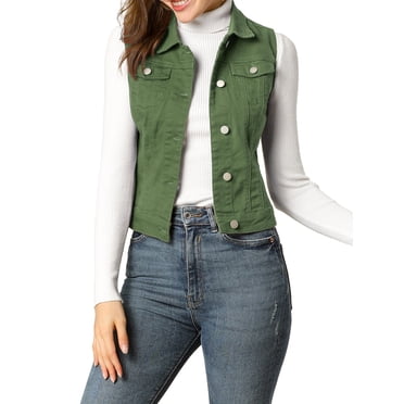INSPIRE CHIC Women's Washed Denim Button Sleeveless Vest Jacket with Pockets L Olive Green