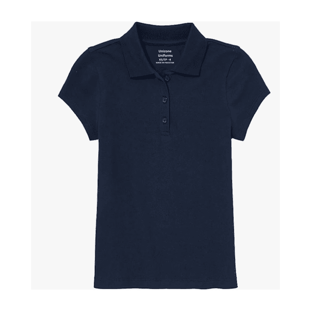 Unizone Uniforms polo Piqué à Manches Courtes pour Filles, Petite Taille et Couleur Bleu Marine. Fabriqué en Mélange de Coton Respirant, avec un Col Classique et un Patte de Boutonnage à Trois Boutons, Idéal pour les Uniformes Scolaires des Filles.