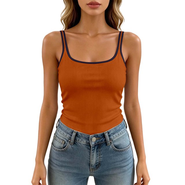Gyexs Womens Ribbed Tank Top Padded Workout Shirt Sleeveless Square Neck Crop Tanks Fitted Basic Cami Tops Orange One Size