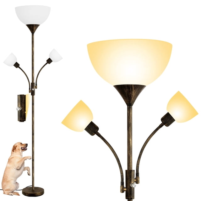 BoostArea bronze torchiere floor lamp, 71 inches tall, with a modern design featuring a central uplight and two adjustable side reading lights on flexible goosenecks. Designed with an E26 base, it is compatible with LED, halogen, or incandescent bulbs. The lamp includes a plastic lampshade, a 3-way rotary switch for customizable lighting, and is compatible with smart devices for home automation. Shown in a living room setting with a stable base and a pet nearby, highlighting its safety and versatility. Bulbs not included.