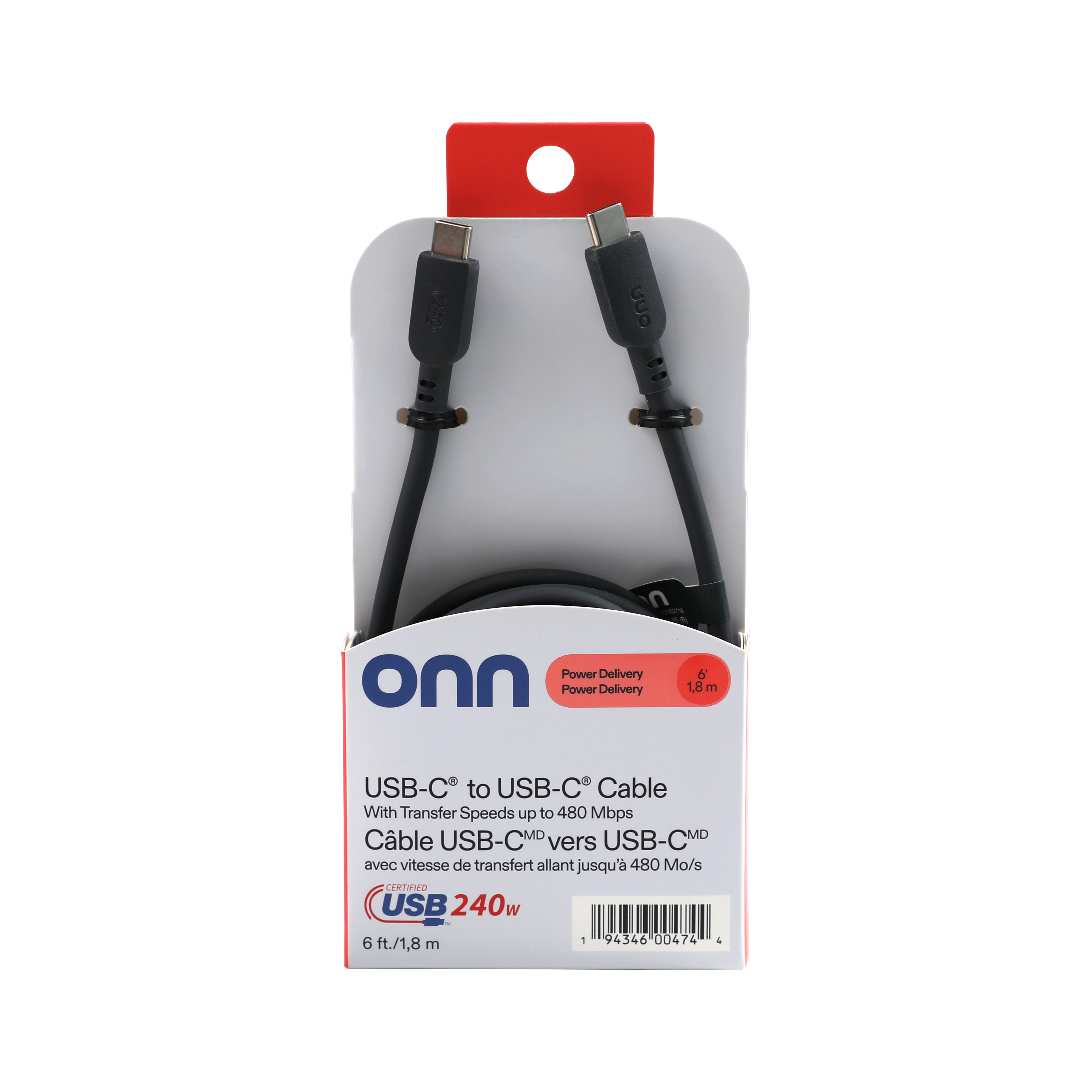 Câble Onn 1,8 m (6 pi) flexible USB-C vers USB-C avec charge rapide et alimentation Power Delivery - Gris