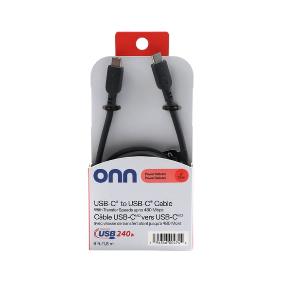 Câble Onn 1,8 m (6 pi) flexible USB-C vers USB-C avec charge rapide et alimentation Power Delivery - Gris
