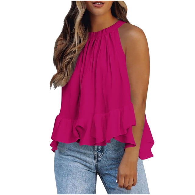 Weiqiqre Women's Clothing Adjustable Tie Neckline Ruffle Hem Sleeveless Flowy Halter Tops