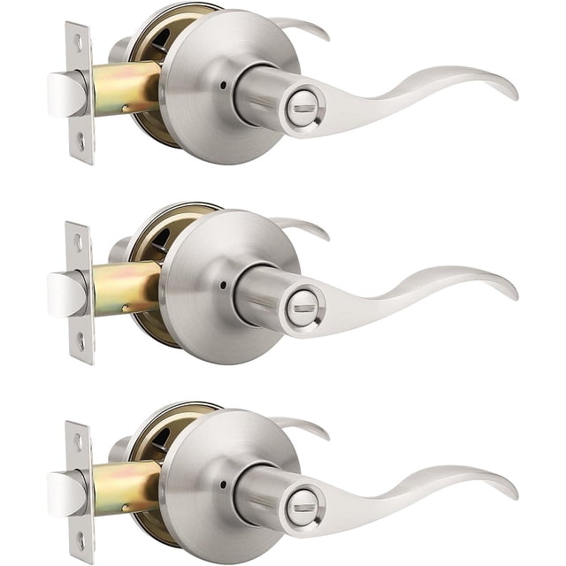 Levier de Porte en Nickel Satiné pour l'Intimité, Boutons de Porte Modernes pour Intérieur, pour Chambre et Salle de Bain, Poignée de Porte Robuste, Levier Ondulé Réversible